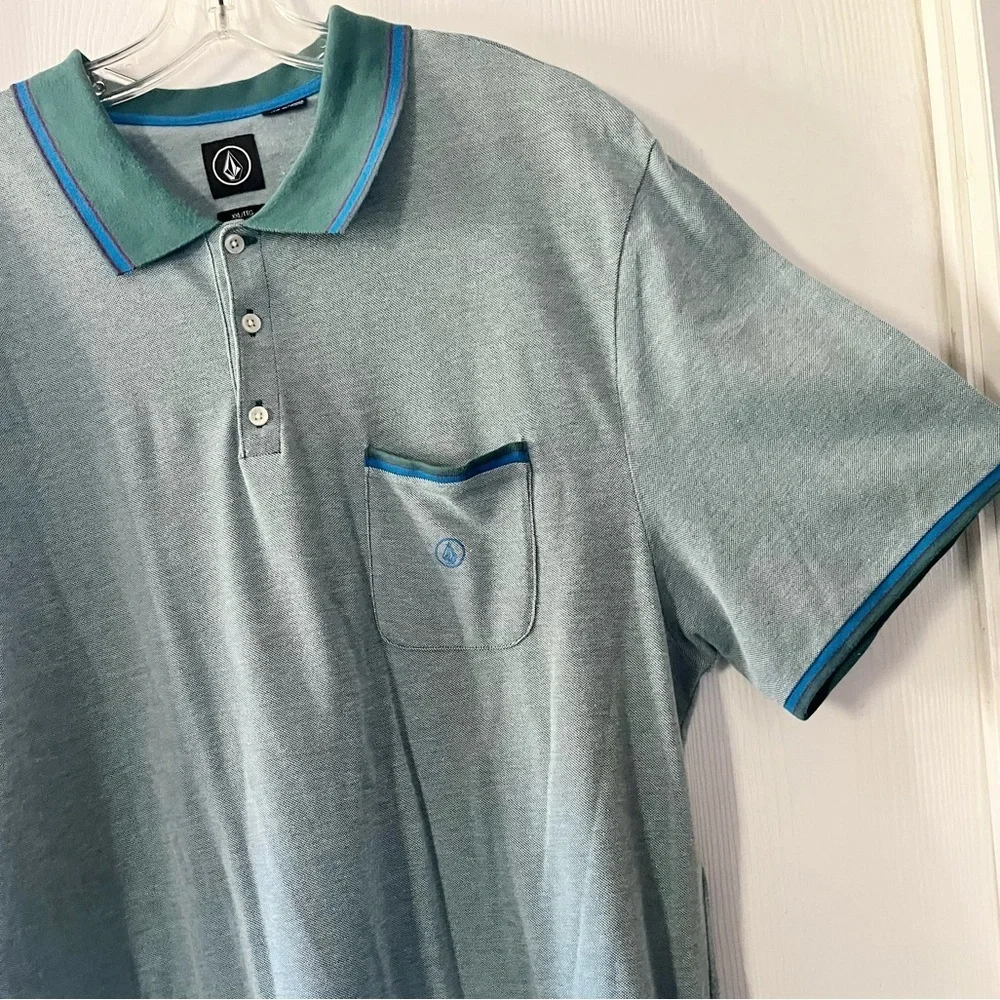 Volcom Men's Heathered Teal with Green and Blue Stripped Detail Polo Shirt